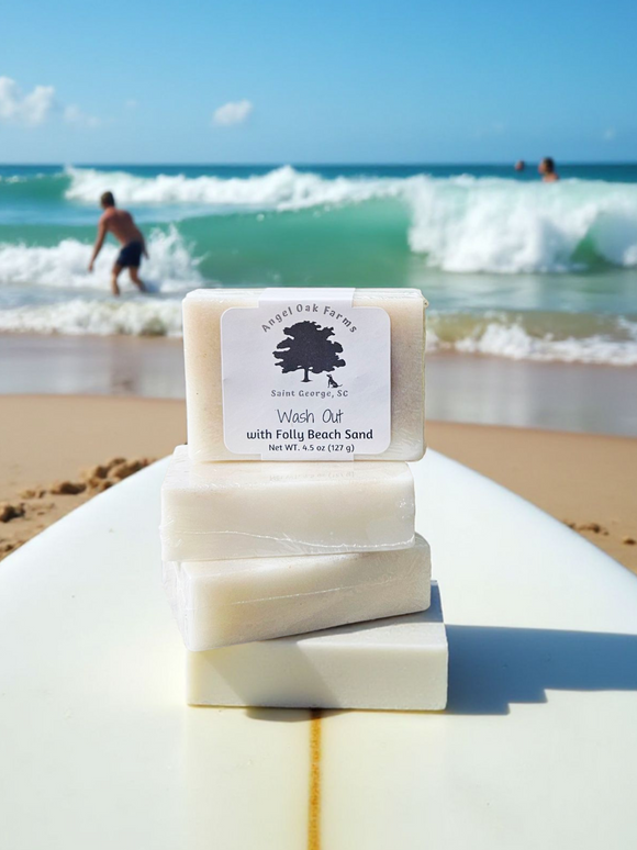 Wash Out Soap. Made with Folly Beach sand from the Wash Out and scented with Coppertone Fragrance.