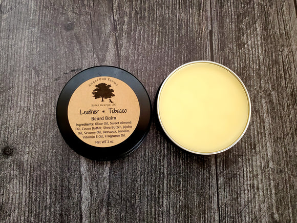 2 ounce Leather & Tobacco beard balm. Scented with leather and tobacco fragrance oil.